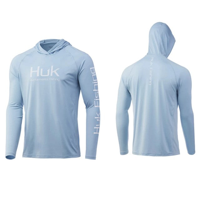 Camisas de Pesca HUK com Capuz Manga Longa Proteção UV Masculina Roupa de Pesca Camuflada de Verão para Homens com Absorção de Umidade