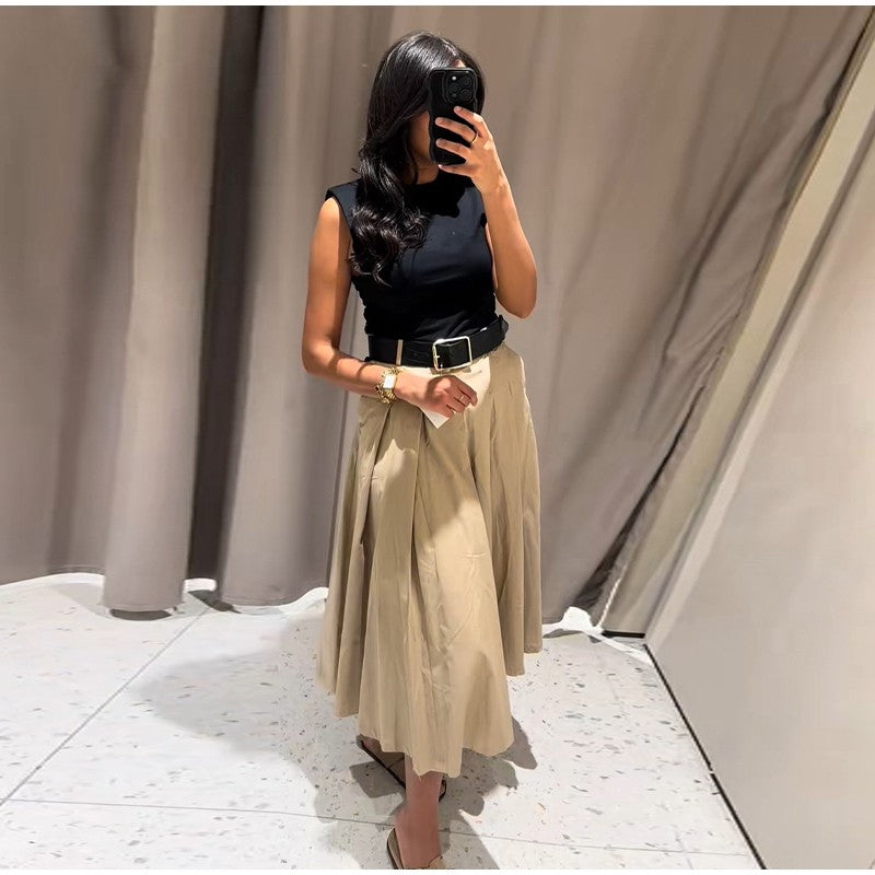 Fashion Patchwork Pleated Long Dress With Belt Women Chic Sleeveless Tank Maxi M