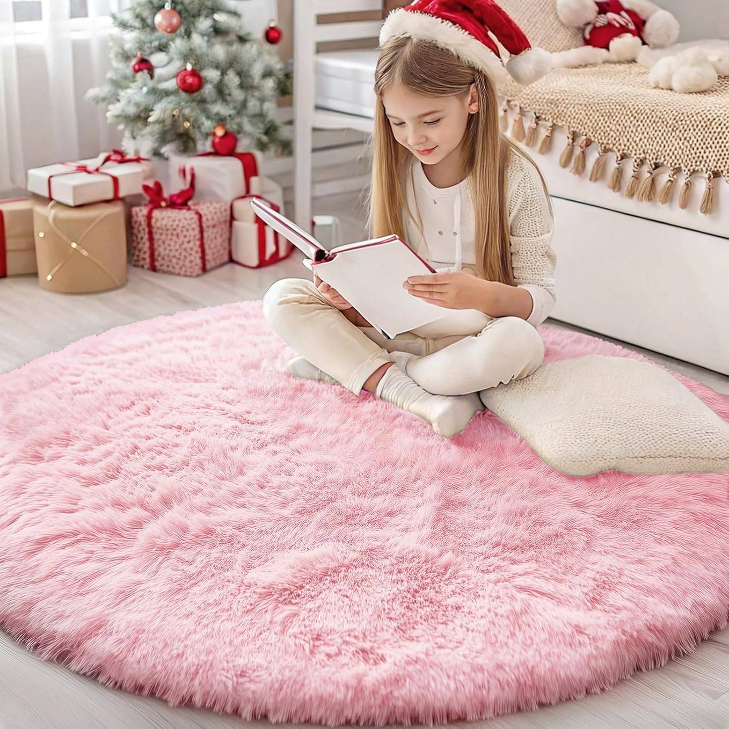 Pink Round Rug for Girls Bedroom,Fluffy Circle Area Rug for Kids Room,Furry Shaggy Carpet for Living Room100/120/140/160