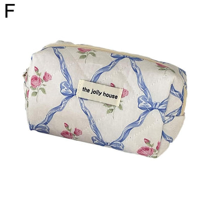 Cute Bow Flower Cloth Handbag Quilting Cotton Makeup Bag Women Zipper Cosmetic Organizer Portable Toiletry Case for Girls