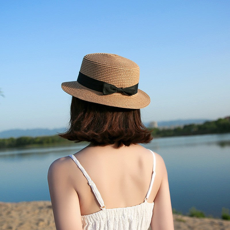 Chapéu Panamá COKK, Simples, de Verão, Praia, Feminino, Casual, Aba Reta, Chapéu de Palha com Laço para Meninas, Chapéu de Sol, Chapéu Feminino