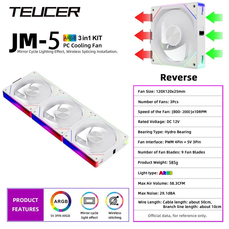 TEUCER JM-5 Case Fan 120mm 5V 3Pin ARGB Mirror Light Effect Cooling Fan PWM 800 to 2000RPM CD Texture Water Cooling Radiator Fan