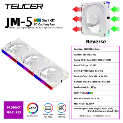 TEUCER JM-5 Case Fan 120mm 5V 3Pin ARGB Mirror Light Effect Cooling Fan PWM 800 to 2000RPM CD Texture Water Cooling Radiator Fan
