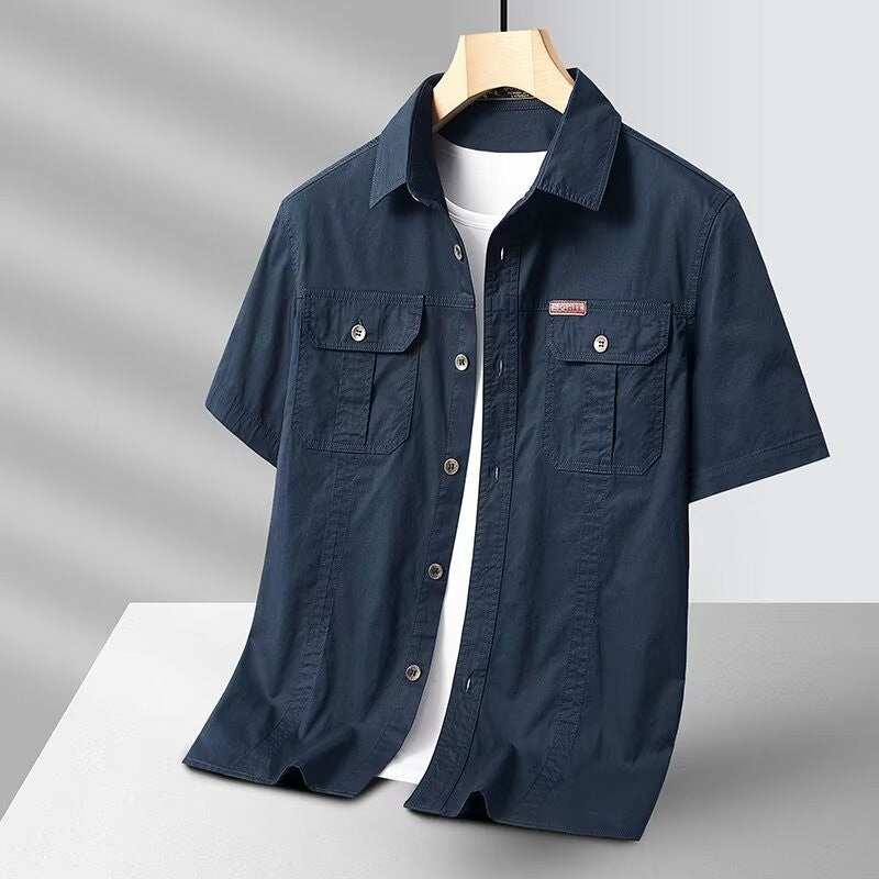 New Summer Men's Short Shirt Korean Casual Oversized Navy Blue Cargo Shirt Classic Retro Men Clothing Outdoor Sports Durable Top