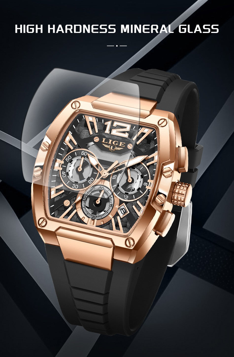 LIGE Sports Man Watch Tonnea Hollow Design Quartz Men Wristwatches Chronograph Waterproof Luminous Silicone Strap Watches Male