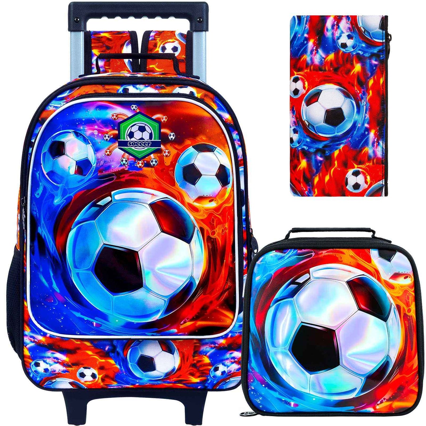Mochila de Rodinhas para Meninos, Mochila Escolar com Rodas - Mochila Escolar Primária com Rodas - Kit Mochila de Futebol 3 Peças