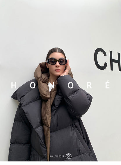 Janveny Fluffy White Duck Down Jacket Women Winter Thickness Warm Long Puffer Coat Hooded Female Fashion Fake Two-piece Parkas