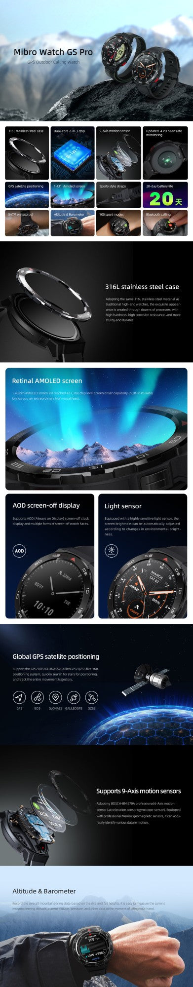 Smartwatch Mibro GS Pro Original Posicionamento GPS 5ATM À Prova D'água Chamada Bluetooth 105 Modos Esportivos Relógio Inteligente Para Homens Mulheres