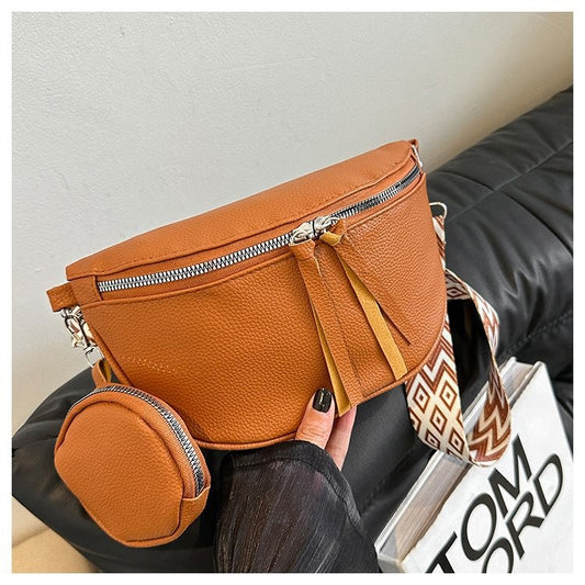 2025Casual solid color commuter bag simple western style street style fashion crossbody chest bag travel waist bag two-piece set