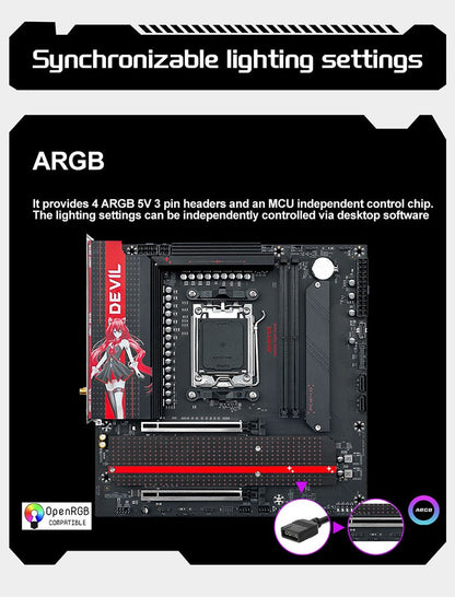 JGINYUE B650M NIGHT DEVIL Desktop Gaming Motherboard AM5 DDR5 96GB 9000MHz M-ATX USB 3.2 M.2x2 for AMD Ryzen 7 9700X