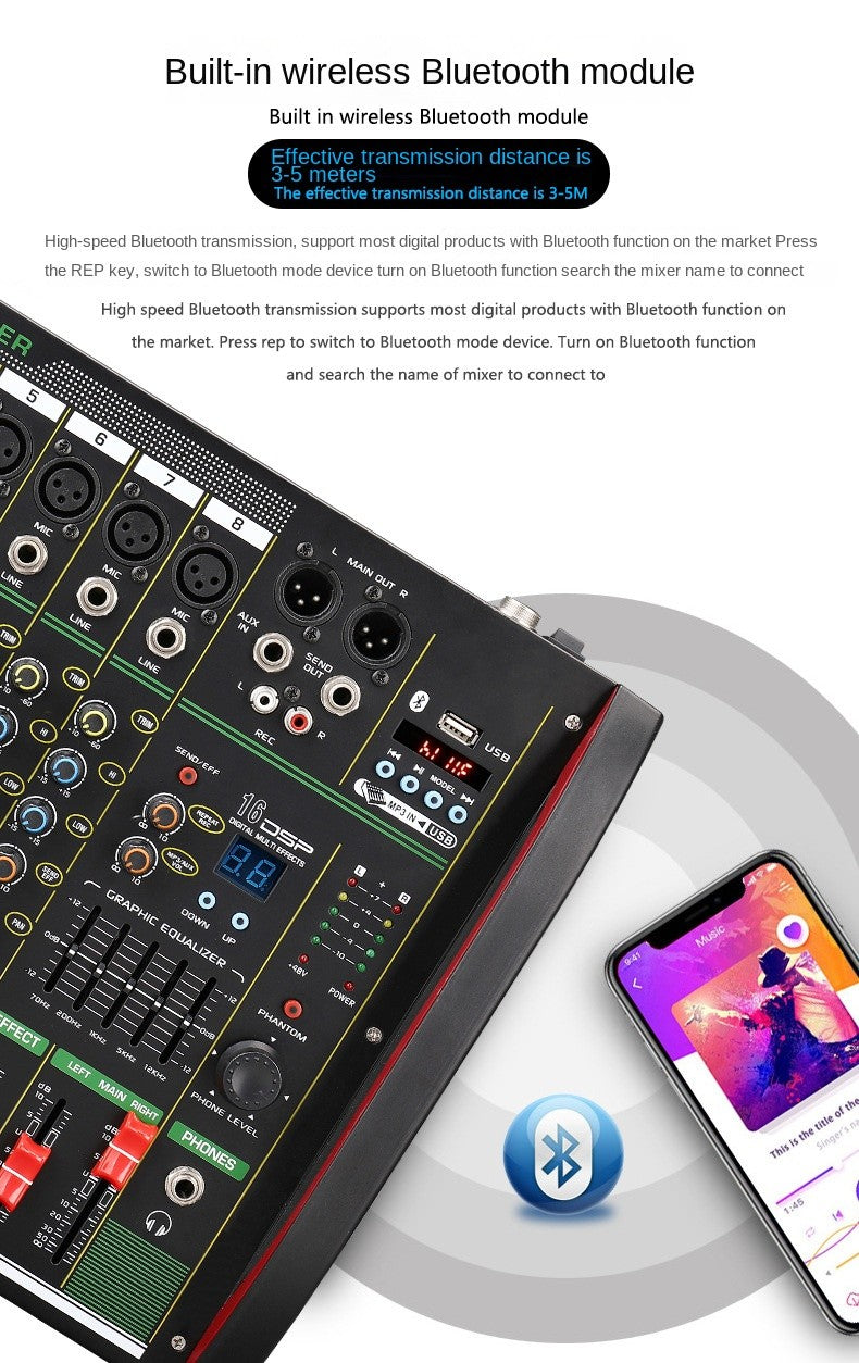 Mesa de som DSP de 4/8 canais com efeito de reverberação, profissional, Bluetooth, USB, áudio mixer balanceado para karaokê familiar, palco, KTV