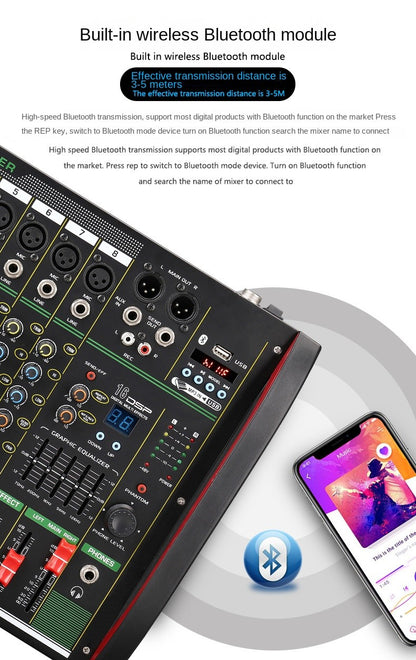 Mesa de som DSP de 4/8 canais com efeito de reverberação, profissional, Bluetooth, USB, áudio mixer balanceado para karaokê familiar, palco, KTV