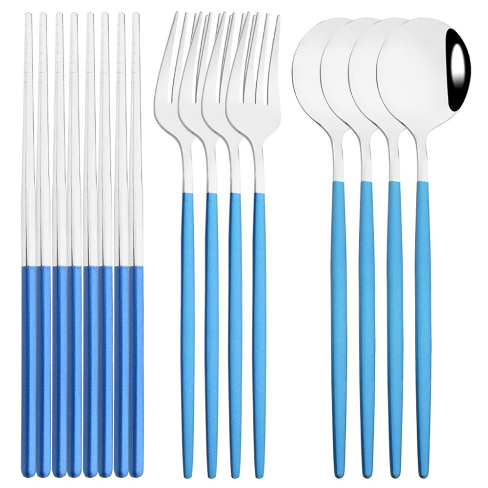 12-16Pcs Chopsticks Knife Fork Spoon Cutlery Set Green Gold Dinnerware Set Luxury Stainless Steel Flatware Korean Tableware Set