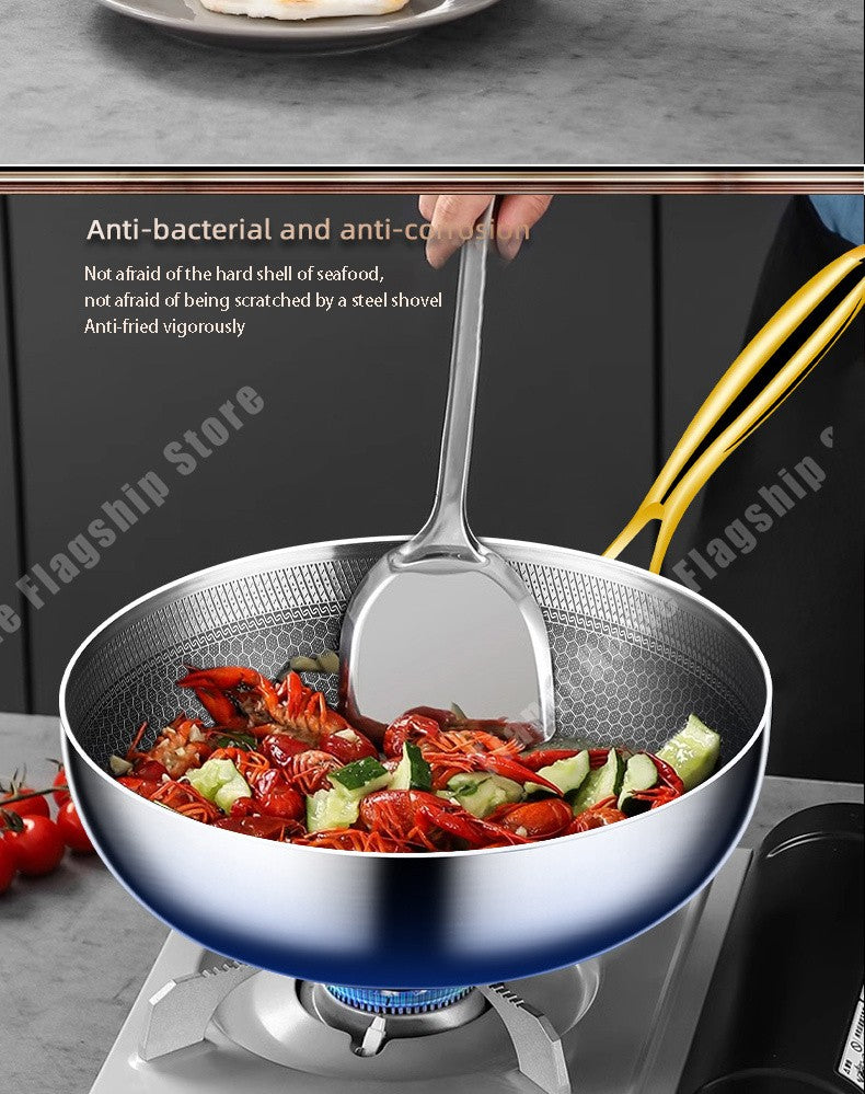 Panela Wok de Aço Inoxidável 316 Antiaderente Favo de Mel para Cozinhar Bife Fogão a Gás Panela de Indução Geral Utensílio de Cozinha
