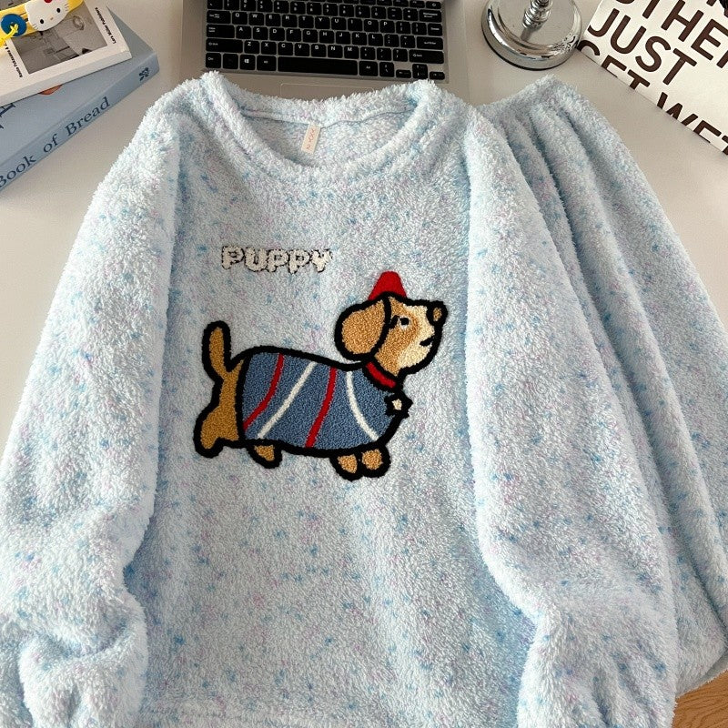 2pcs/Set Pajamas Korean Cute Dog Thickened Warm Fall And Winter Women's Pajamas Long-Sleeved Long Pants Set Sweet New Sleepwear