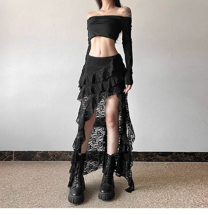 Gothic Skirt 2000s Summer Women's Clothes Gyaru Kpop Streetwear Lace High waist Casual Aesthetic Long Skrit Femme Hip hop Skirts