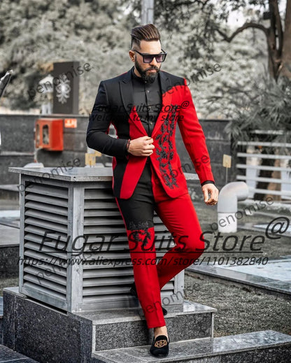 Fashion Customized Red Black Men Suits Splicing Color Appliques Male Prom Blazers 2 Pieces Sets Luxuly Groom Tuxedos Ropa Hombre