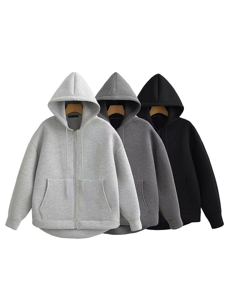 HH Autumn Women Gray Jacket With Hood Long Sleeve Big Pocket Zipper Jacket Coat Woman Loose Casual Outerwear Coat Tops