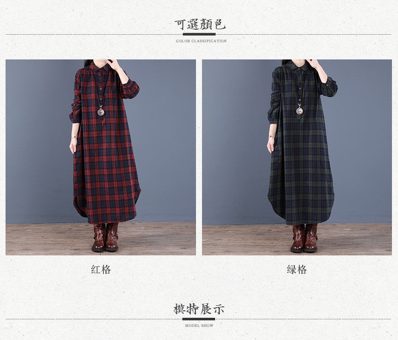 Spring And Autumn New Women's Fashion Loose Splicing Plaid Collar Button Long Sleeve Dress Medium Length Shirt Maxi Dresses 2026