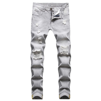 Mens Jeans Large-size Straight Light Gray Denim Trousers Spring and Autumn Full Length Male Pants Ripped Jeans