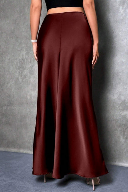 Elegant silk-like satin A-line midi skirt with high waist and mermaid tail for women in spring and summer