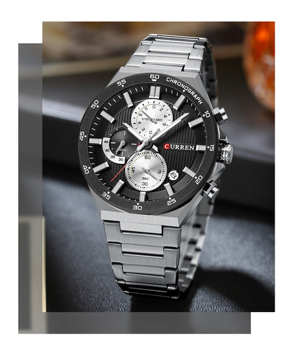 CURREN Classic 43mm Men's Watch Chronogrph Quartz Wristwatch with Stainless Steel Band Luminous Hands Auto Date