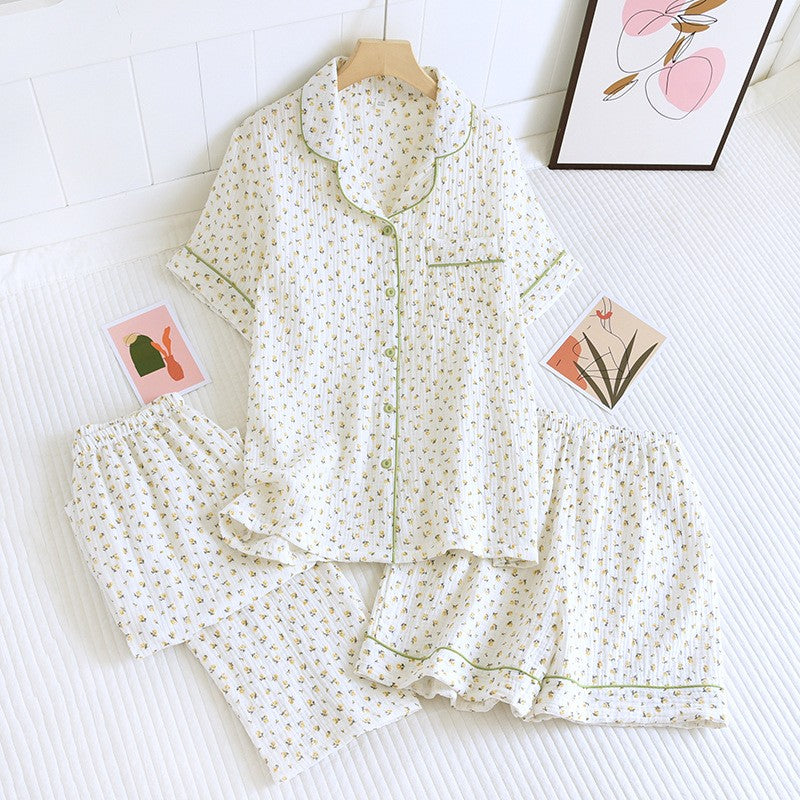 New summer women's cotton crepe three-piece short sleeve + shorts + trousers large size simple flower pajamas home service suit