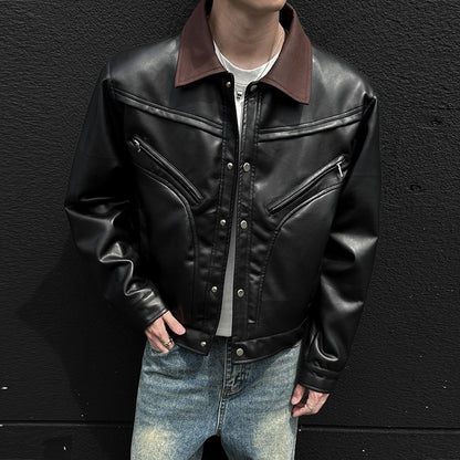 Mens Leather Jacket Biker Jacket PU Leather 2025 New Windproof Stand Collar Single Breasted Short Coat Slim Fit Mens Jacket