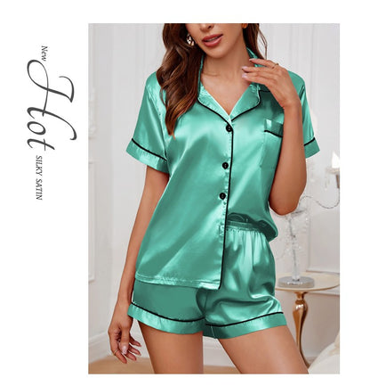Luxurious Satin Pajama For Women Turn-down Collar Button Top & Shorts Sleepwear & Loungewear for Summer Home Clothes Suit