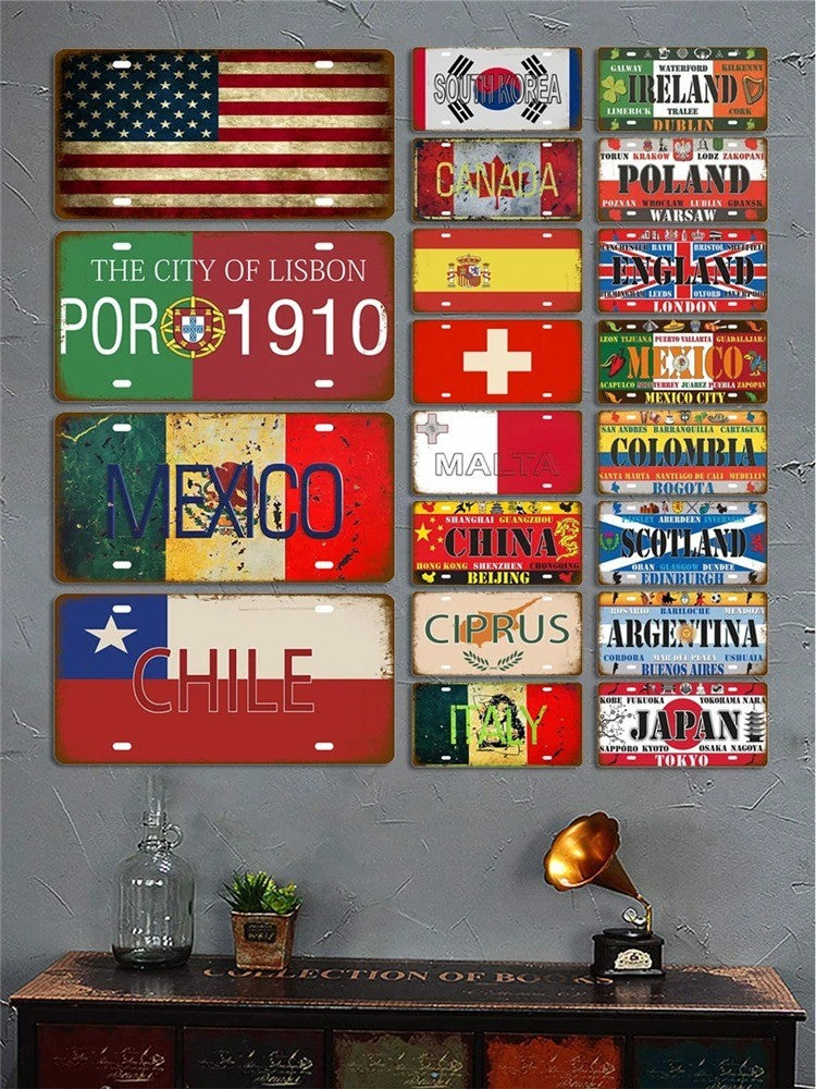 Plaque Tin Sign France Russia Spain Metal Sign Germany USA Country Flag License Plate For Wall Home Restaurant Craft Bar Decor