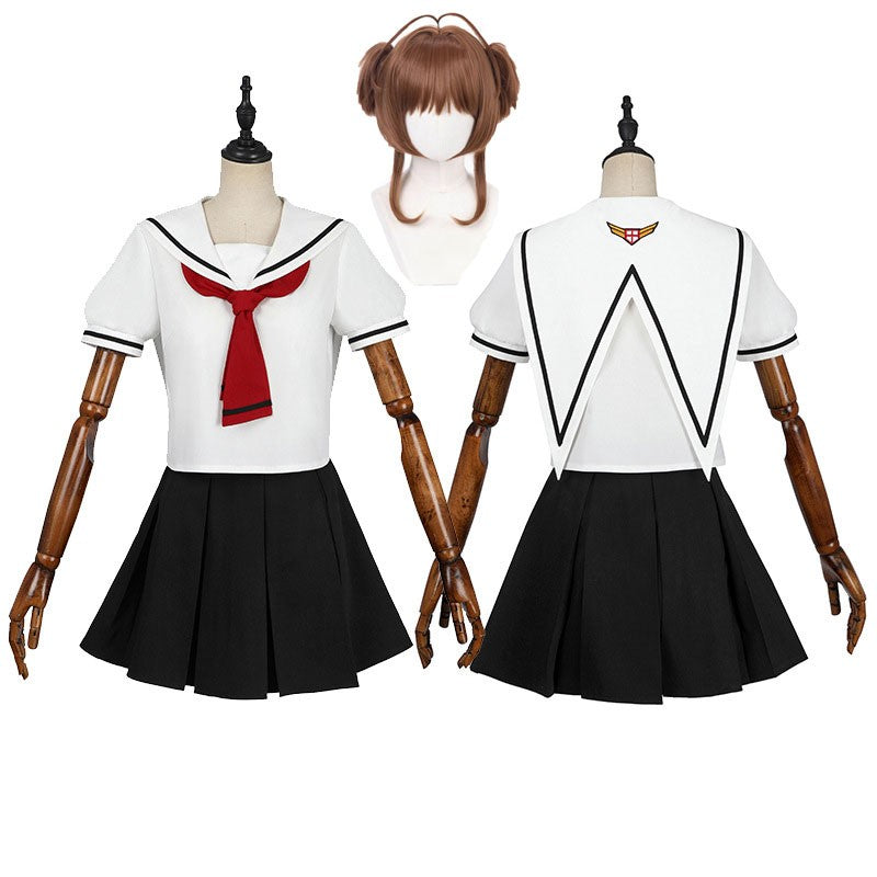 Women Spring Summer Sailor JK Uniform Full Set, Japanese Academy Outfit with Top Pleated Skirt Hat Bow Tie Socks