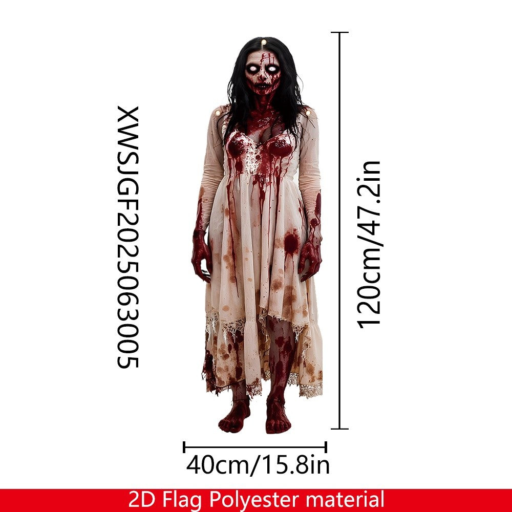 Large Halloween zombie woman Bloody Door banner - Horror party decoration, durable polyester fabric, haunted house, porch, home