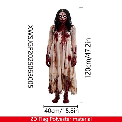 Large Halloween zombie woman Bloody Door banner - Horror party decoration, durable polyester fabric, haunted house, porch, home