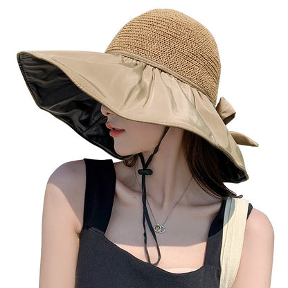 Summer Sun hat women's straw woven anti ultraviolet sun visor hat with big brim seaside black glue breathable Bucket hat sun hat