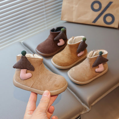 Christmas Children's Snow Boots PU Leather Vintage Girl's Plush Boots Anti-slippery Kid's Warm Padded Boots Cotton Shoes