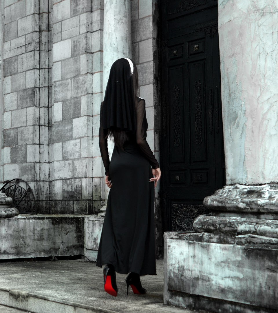 Sexy Nun Cosplay Costume Gothic Black Split Long Dress with Head Veil Halloween Carnival Party Fancy Dress for Women Nun
