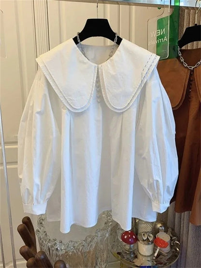 Retro Women Loose Fashion Top Lady Lantern Sleeve Shirt Jacket Spring Autumn Female Doll Collar Cardigan Blouse Coat