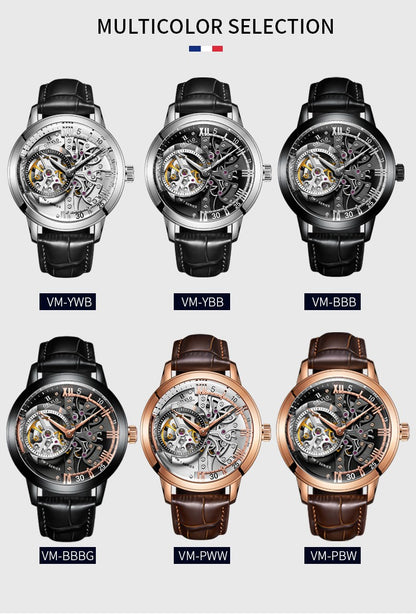 OBLVLO Luxury Retro Casual Men Skeleton Automatic Watches Mechanical Calfskin Strap Mineral Crystal Glass Waterproof Dial 45 VM