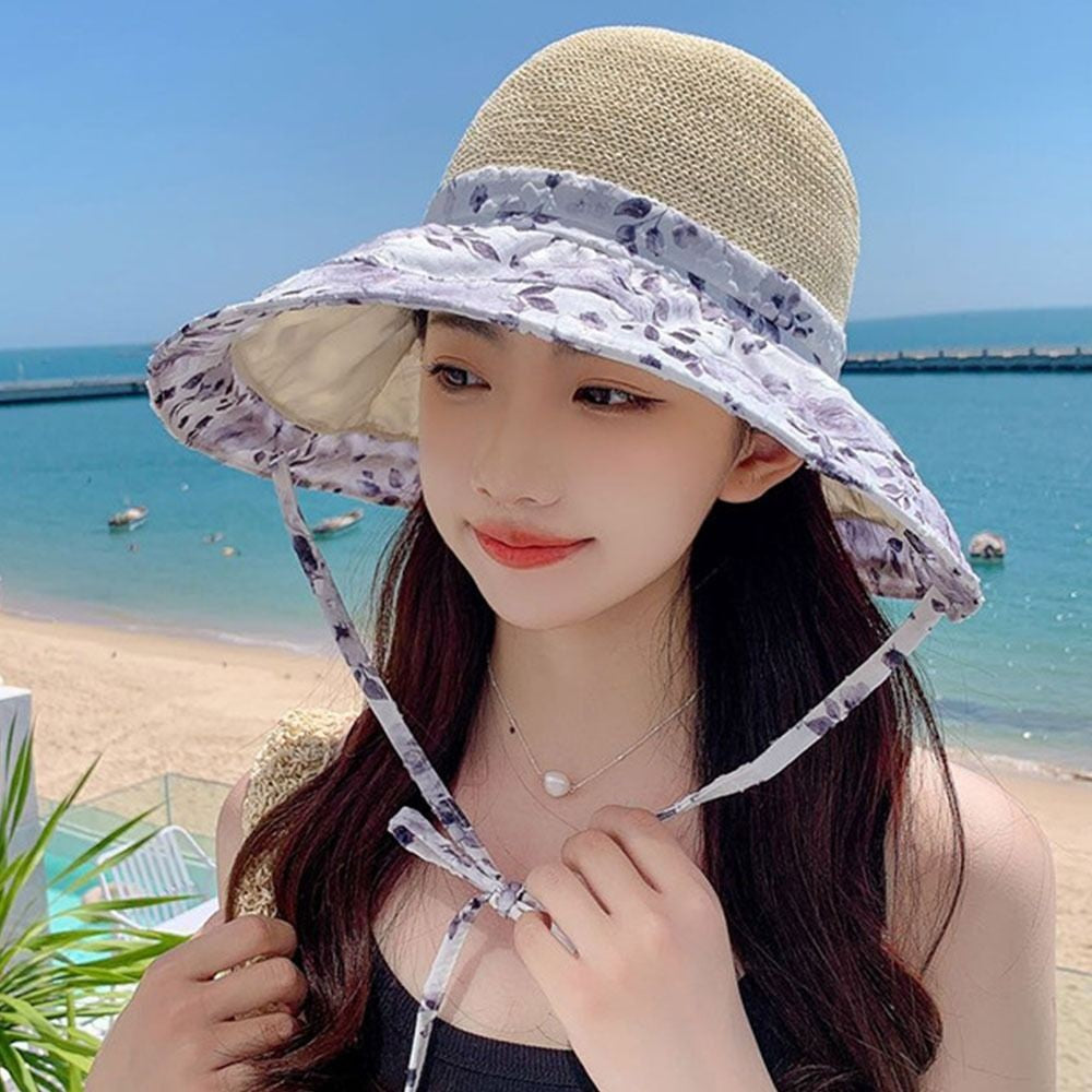 Fashion Flower Print Straw Hat Sun Protection Wide Brim Beach Hat Can Be Used As Bag Breathable Visor Hat Outdoor