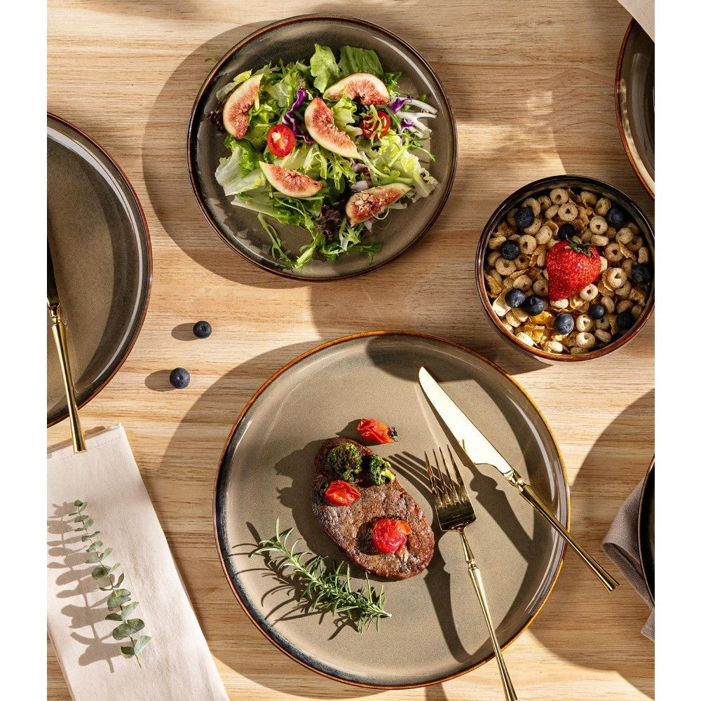 Handcrafted Terra Ceramic Dinnerware Set for 4, 12-Piece Reactive Glaze Plate and Bowl Set, Scratch-Resistant, Oven-Safe Dishwar