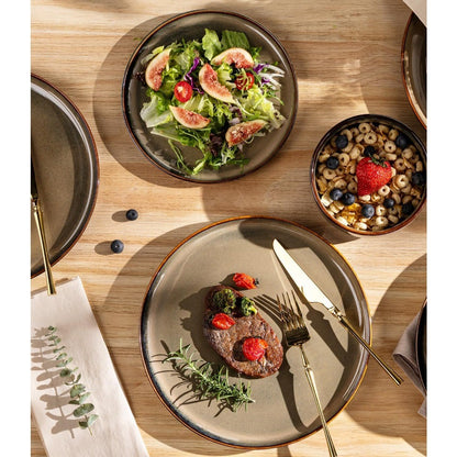 Handcrafted Terra Ceramic Dinnerware Set for 4, 12-Piece Reactive Glaze Plate and Bowl Set, Scratch-Resistant, Oven-Safe Dishwar