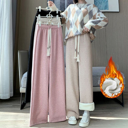 Winter Lady High Waisted Fleece Pants Girls Warm Thermal Straight Leg Trousers Female Classic Solid Drawstring Pants