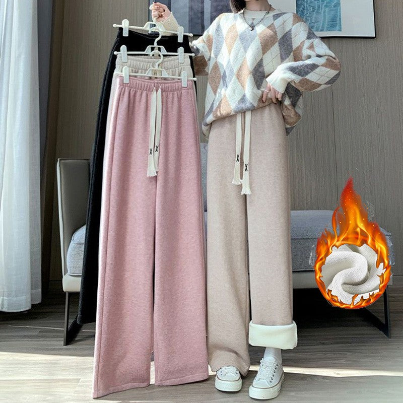 Winter Lady High Waisted Fleece Pants Girls Warm Thermal Straight Leg Trousers Female Classic Solid Drawstring Pants
