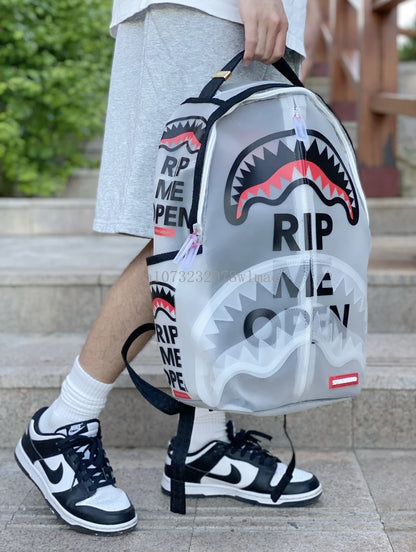 Fashion Shark Letter Transparent Backpack Men Sport Waterproof PVC Clear Plastic Schoolbag Casual Street Large Capacity Rucksack