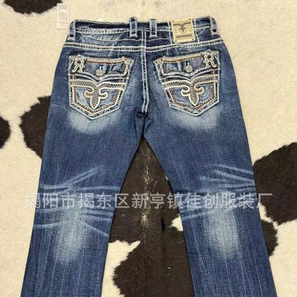 2024 European and American New Summer Blue Washed Straight-leg Casual All-match High Street Men's Denim Long Pants.