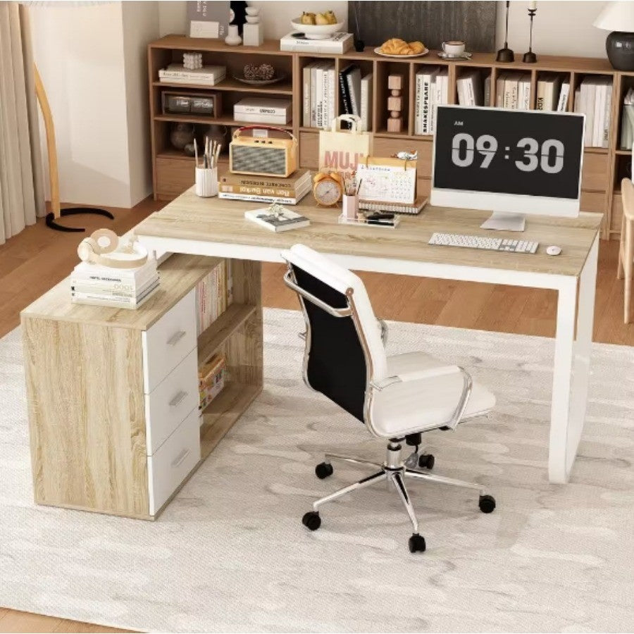 55.1 in. L Shaped Oak and White Wood with 3-Drawer Computer Desk Writing Desk Study Table Home Office,easy to assemble