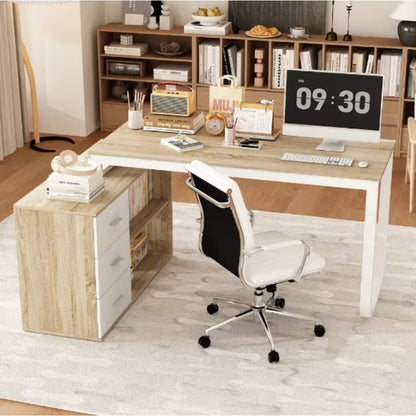 55.1 in. L Shaped Oak and White Wood with 3-Drawer Computer Desk Writing Desk Study Table Home Office,easy to assemble
