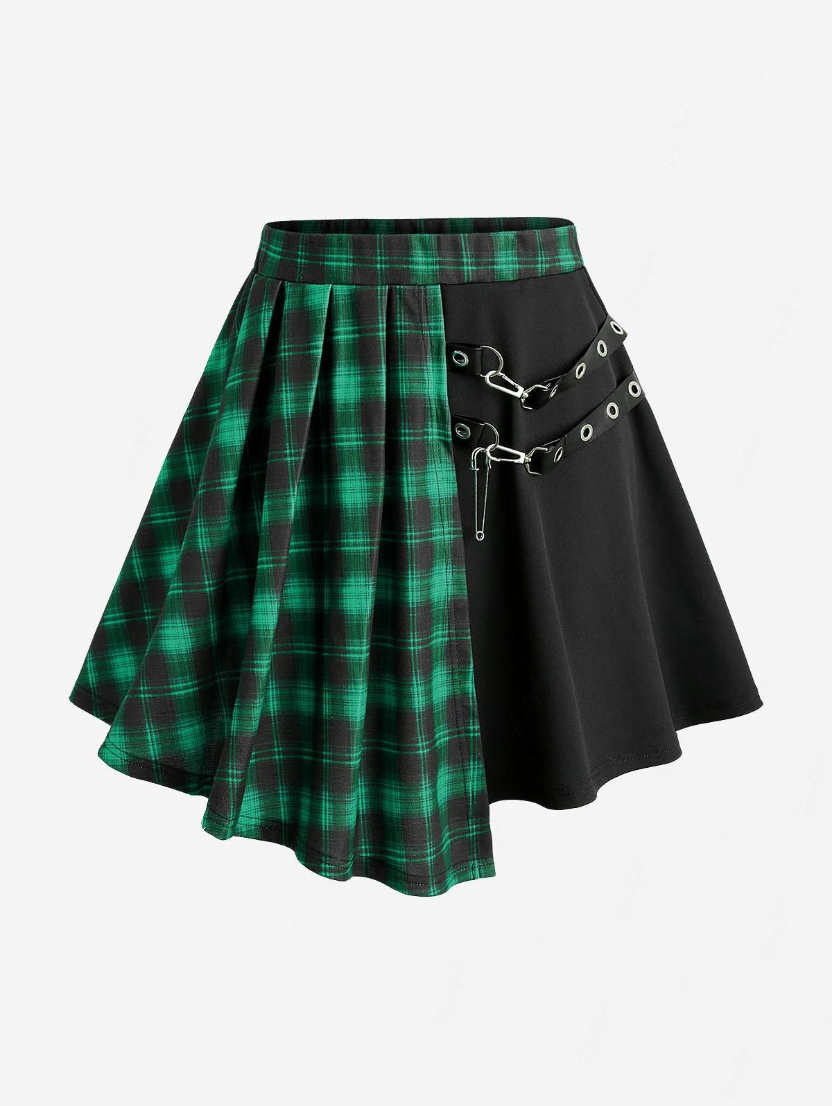 ROSEAGL Plus Size Plaid Patchwork Grommets PU Leather Stripes Asymmetrical Skirt Female Casual Large Size Women Y2K Skirts