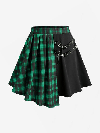 ROSEAGL Plus Size Plaid Patchwork Grommets PU Leather Stripes Asymmetrical Skirt Female Casual Large Size Women Y2K Skirts