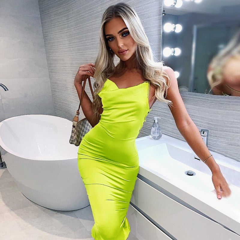 Neon Satin Lace Up Women's Long Midi Dress Light Pink Bodycon Backless Elegant P